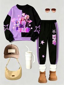 Tween Girl Girl Group Character Print Colorblock Long Sleeve Sweatshirt And Leggings 2pcs Set - Multicolor - View 3