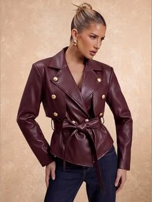 Lumalex Women's Solid-Color PU Leather Collared Long-Sleeve Double-Breasted Metal Buckle Belted Fashion Jacket Autumn Style Burgundy Grain Stylish Oversized - Burgundy - View 1