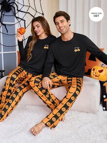 CoupledUp 萬聖節南瓜與蝙蝠印花休閒圓領長袖男士睡衣套裝 - 黑色 - 查看 7