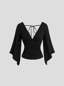 SHEIN Unity Casual Versatile Deep V-Neck Bell Sleeve Black Long Sleeve Women's T-Shirt - Black - View 3