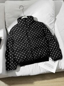 SHEIN 青少年女孩黑色波點寬鬆短版立領鋪棉保暖冬外套 - 黑色 - 查看 4