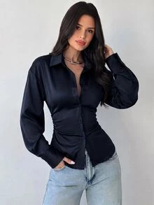 Firerie 女款長袖襯衫，後腰收腰襯衫，日常通勤襯衫，度假襯衫，收腰襯衫，春夏秋冬通勤服飾，優雅，度假，波希米亞風，工作服 - 藏蓝色 - 查看 7