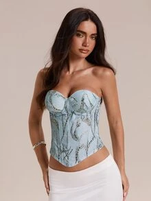 Glamine Fashionable Sexy Light Blue Leopard Print Metallic Thread Pleated Fabric Luxurious Heavy Work Underwire Fishbone Women Top Halloween Party Club - Blue - View 5
