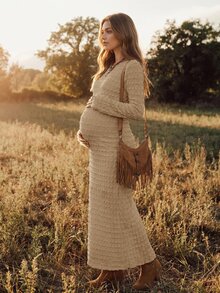 Boho Mama 孕婦純色休閒日常穿著夏季洋裝 - 卡其色 - 查看 2