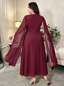 Modelyn Women's Plus Size Elegant Party Cape Sleeve Floral Embroidered Dress - Red - View 3