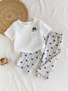SHEIN Vintaside Kids 2件組男嬰可愛休閒短袖上衣與格紋長褲套裝，適合夏季與旅行 - 白色 - 查看 1
