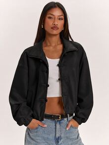 SHEIN BAE Women's Solid Color Drop Shoulder Long Sleeve Frog Button Design Zipper Front Jacket - Black - View 4