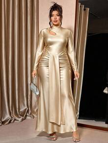 Cravure Plus Size Women's Semi-High Neck Hollow Waist Ruched Tie Belly-Covering Fishtail Maxi Dress - Champagne - View 4