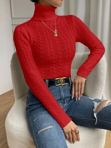SHEIN Women's Elegant Cable Knit High Neck Long Sleeve Pullover Sweater - Red - View 4