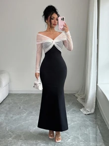 SHEIN Raffinéa Elegant Sexy Off-Shoulder Long Sleeve Fitted Bodycon Dress For Women - Black and White - View 3