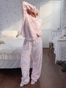 CottageSlumber Pink Double-Sided Plush Romantic Heart Print Casual Loose Women's Pajama Set - Pink - View 4