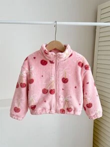 SHEIN LMoss Kids LMoss 女嬰可愛休閒愛心圖案毛絨立領夾克，適合秋冬穿著 - 粉色 - 查看 10