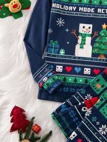 SHEIN 青少年男孩 2件組秋冬彈性貼身長袖睡衣褲，修身印花聖誕雪人沙灘電音風海軍藍寬鬆款 - 藏蓝色 - 查看 3