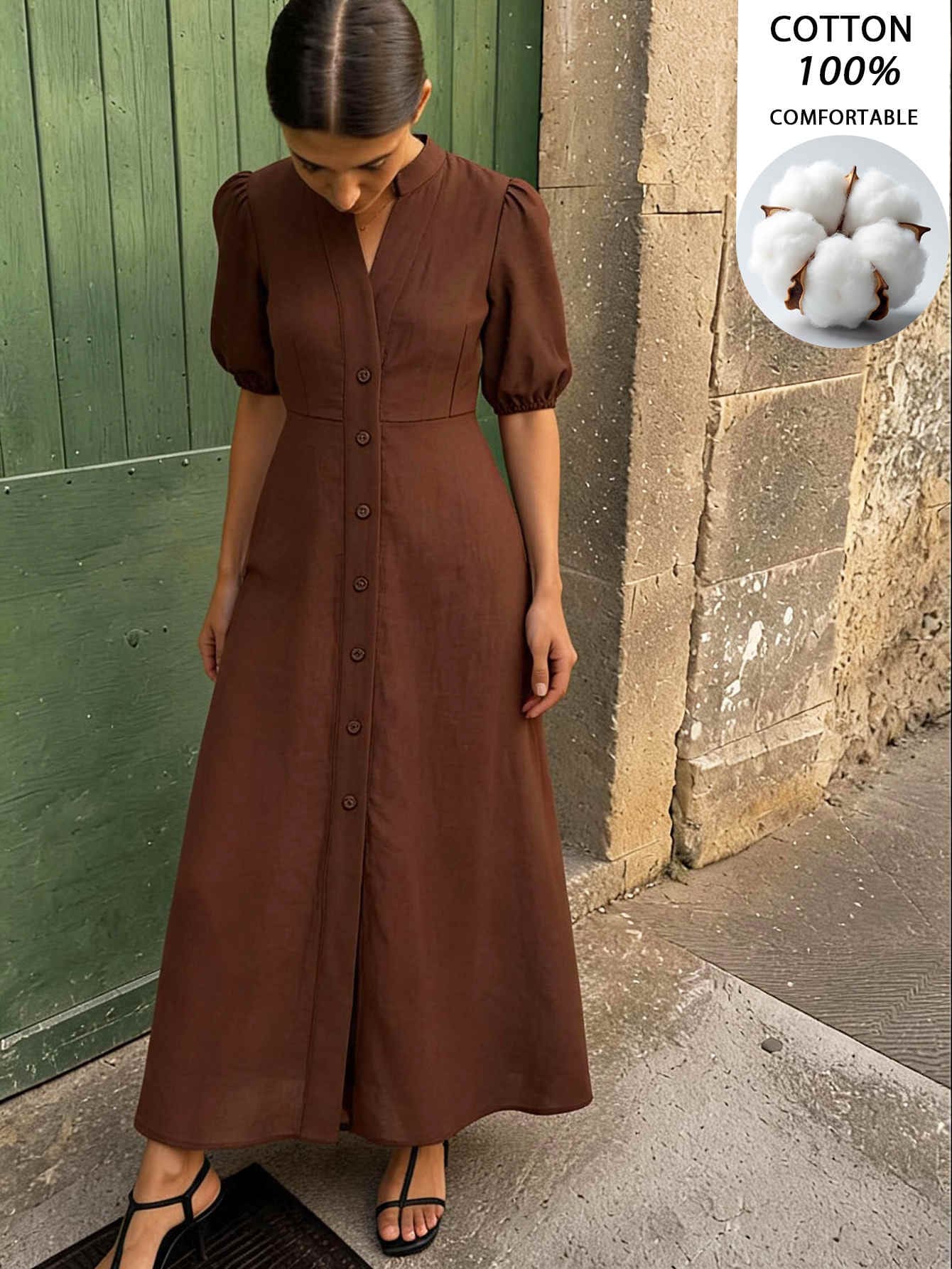 Travachic Women's Solid Color Short Petal Sleeve Single-Breasted Elegant Casual Dress - Brown - View 1