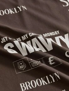 SWAVVY 男士針織時尚休閒青年款寬鬆長袖T恤，英文字印花拼接設計 - 彩色 - 查看 3
