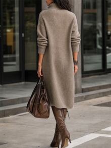 Balvessa Women's Solid Color Drop Shoulder Long Sleeve Button Half-Placket Casual Knit Dress - Camel - View 2