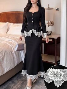 Modelyn Set 2 Potong Atasan Lengan Panjang dengan Potongan Ekor Ikan yang Ramping dan Motif Renda Patchwork Warna Kontras Gaya Wanita Elegan - Hitam dan Putih - View 5