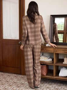 Doze Lane Women's Bubble Crinkle Plaid Lapel Button-Front Long Sleeve Long Pants Pajama Set - Coffee Brown - View 2