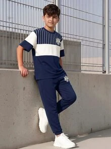 青少年男孩休閒舒適時尚極簡圓領短袖T恤與長褲套裝，經典配色拼接條紋圖案印花，經典精緻Logo圖形印花，適合返校季 - 彩色 - 查看 2