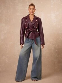 Lumalex Women's Solid-Color PU Leather Collared Long-Sleeve Double-Breasted Metal Buckle Belted Fashion Jacket Autumn Style Burgundy Grain Stylish Oversized - Burgundy - View 4