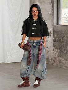 Coolane 女款夏季街頭風休閒 Y2K 復古日常穿搭 時髦中式風格黑色寬鬆翻領短袖盤扣短版上衣 - 黑色 - 查看 2