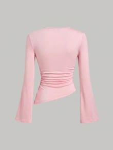SHEIN MOD 女款 2 件組 酒紅與杏色圓領抓皺腰部喇叭袖不對稱下擺百搭長袖 T 恤內搭層 - 紅色 - 查看 6