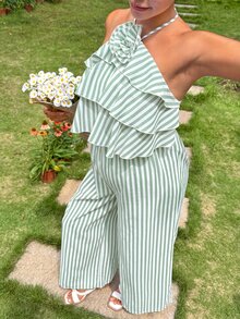 SHEIN 孕婦抽褶度假風 3D 花卉裝飾條紋連身褲 - 綠色 - 查看 8
