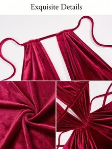 SOLERSUN Women's Halter Neck Ruched Velvet Draped Slim Fit Evening Dress With Waist Cutout And Back Tie Design - Red - View 8