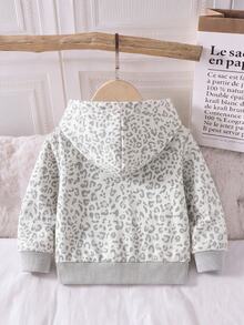 Baby Girl Fashionable Minimalist Cute Leopard Print Hooded Zip-Up Long Sleeve Fleece-Lined Sweatshirt Jacket, Soft Fabric, Suitable For Outings In Autumn/Winter - Multicolor - View 4
