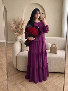 Modelyn Plus Size 2 Pieces Set Ice Silk Crinkled Fabric Elegant Casual Style, Suitable For Spring And Autumn Daily Wear And Dating Occasions - Red Violet - View 7