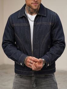 DAZY Spring/Autumn Long Sleeve Deconstructed Patchwork Navy Blue Raw Denim Men's Denim Jacket - Navy Blue - View 7
