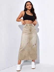 SHEIN EZwear Women's Button-Front Distressed Denim Midi Skirt With Back Slit - Camel - View 1