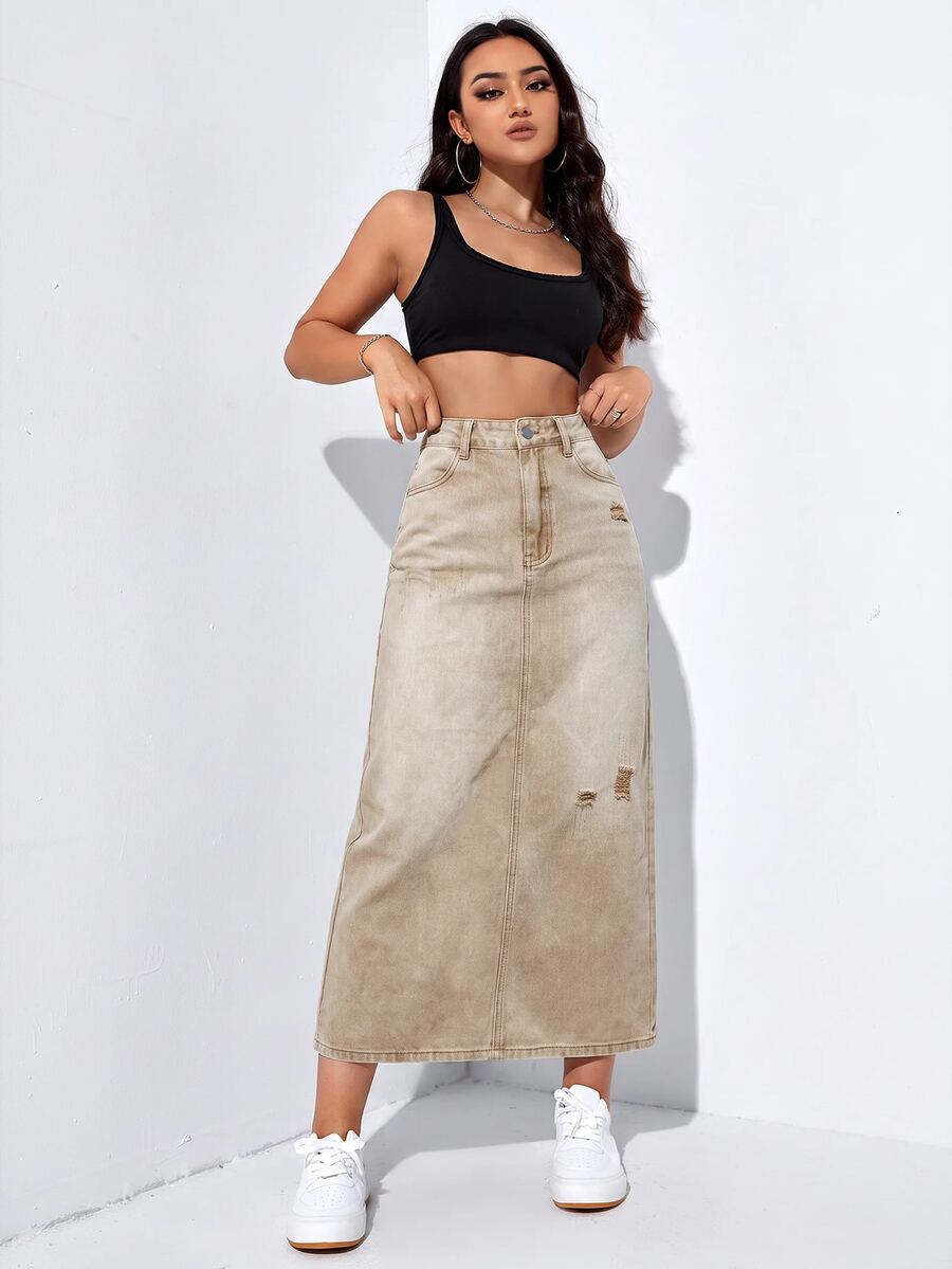 SHEIN EZwear Women's Button-Front Distressed Denim Midi Skirt With Back Slit - Camel - View 1