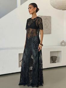 Reflora 大尺碼女款蕾絲性感透視約會與外出洋裝 - 黑色 - 查看 5