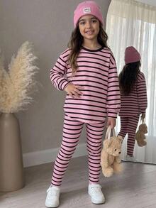 SHEIN 女童 2 件套休閒套裝，簡約舒適可愛，復古條紋布料長袖長褲，秋冬休閒運動學院風 - 藕粉色 - 查看 8