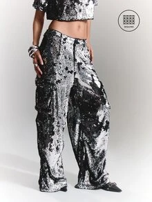 BAD SUNDAY Women's Autumn/Winter Party Sequin Cargo Pants, Y2K Retro Hot Girl Fashion - Black - View 1