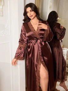 MuseNap CURVE Satin Glossy Lace Trim Elegant Minimalist Tie-Front Plus Size Nightgown - Brown - View 5