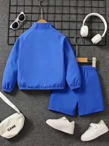 SHEIN Mirajuku 2件組男孩休閒長袖拉鍊夾克與短褲套裝，精緻運動印花，舒適寬鬆版型，適合日常穿著、上學、外出與運動 - 藍色 - 查看 2