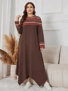 Lacomfia Autumn/Winter Elegant Casual Print Patchwork Ruched Neck Loose Fit Versatile Knit Textured Plus Size Women's Long Dress - Multicolor - View 4