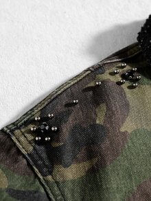 ROMWE MEN 男士迷彩圖案長袖前開拉鍊牛仔夾克 - 軍綠色 - 查看 5
