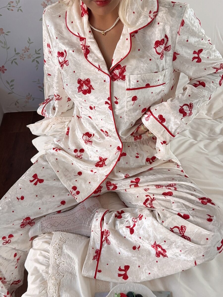CottageSlumber Women's Cherry Bow Pattern Velvet Front Button Opening Patch Pocket Long Sleeve Pants Pajama Set - Red - View 1