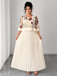 Elenzga Plus Size Women's Elegant 3D Floral Mesh Pleated Long Dress - Apricot - View 5