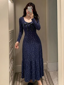 DAZY 度假風碎花細肩帶長款女式睡裙 - 藍色 - 查看 4