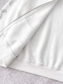 SHEIN 青少年女孩哥德風文字水鑽鉚釘短版拉鍊連帽衛衣，秋冬長袖上衣，畢業穿搭，返校穿搭 - 白色 - 查看 9