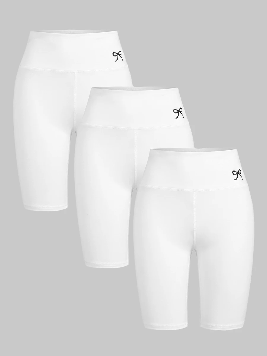 SHEIN Girlism 女童大童春夏季休閒百搭簡約舒適高彈力高腰精緻蝴蝶結刺繡內搭褲 3件組 黑色深灰色淺灰色 - 白色 - 查看 1