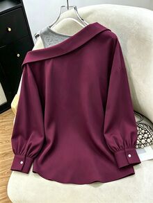 GlowEve CURVE Women's Casual Soft Form Patchwork Contrast Color Asymmetrical Collar Long Sleeve Shirt Office Formal Burgundy Grey Autumn - Burgundy - View 2