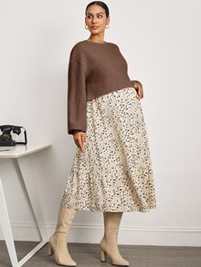 MaterniWear 孕婦純色圓領落肩長袖上衣與花卉無袖洋裝哺乳兩件套 - 棕色 - 查看 4