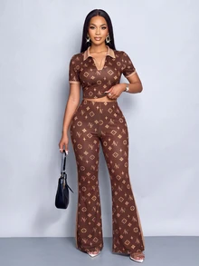 SOLERSUN Two Pieces Set Of Brown Printed Short-Sleeved Polo Shirt And Trousers With Contrasting Color Collar. Going Out Summer Streetwear Graphic - Coffee Brown - View 8