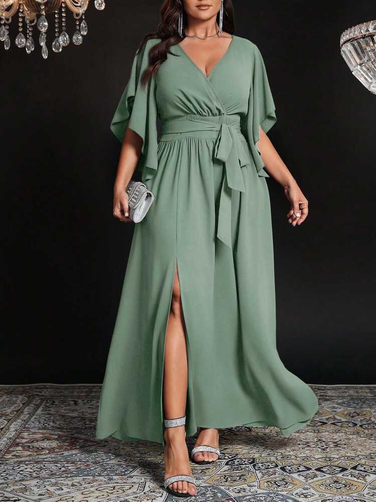 Auvina Plus Size Women's Solid Color Fitted V-Neck Short Sleeve Tie Waist Ruched Slit Elegant Party Dress - Mist Green - View 5