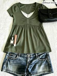 Lalippa Plus Size Women's Minimalist Casual Pleated Short Sleeve Top - Green - View 1